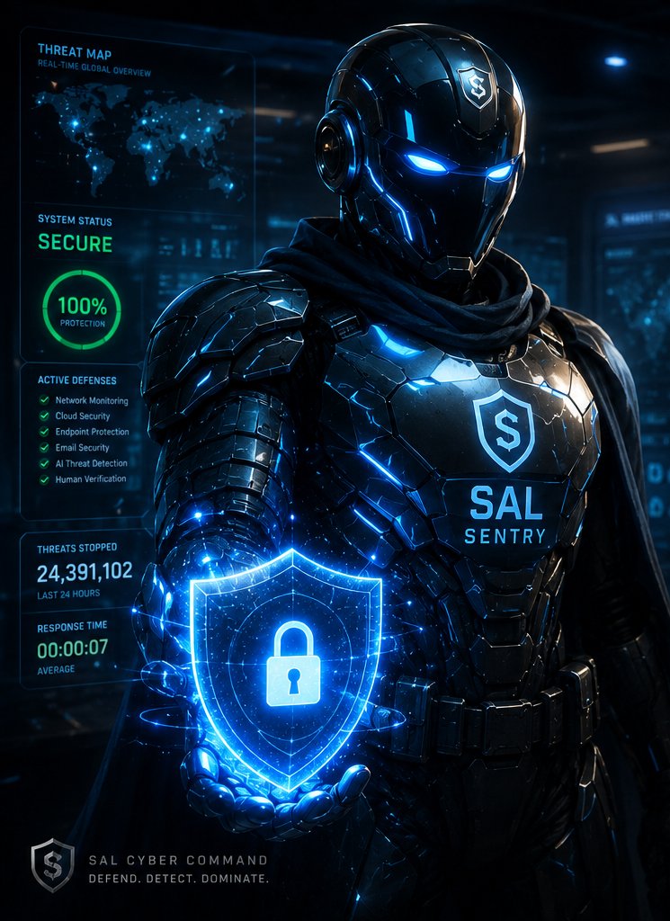 SAL SENTRY — armored AI guardian presenting a holographic shield over a live global threat map
